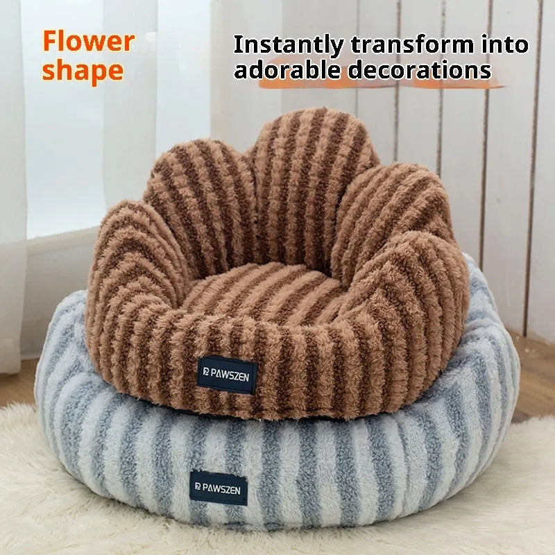 Petal cat nest thickened warm kennel in light blue or coffee striped flower nest, sizes small medium large