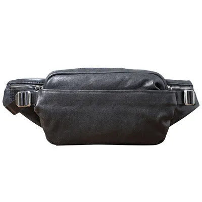 Men's small cowhide cross-body fanny pack in black, horizontal square shape, single shoulder strap