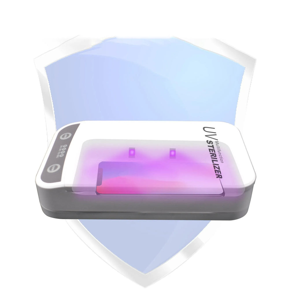 White plastic UV disinfection box open, showing internal chamber and UV lamps for sanitising phones.