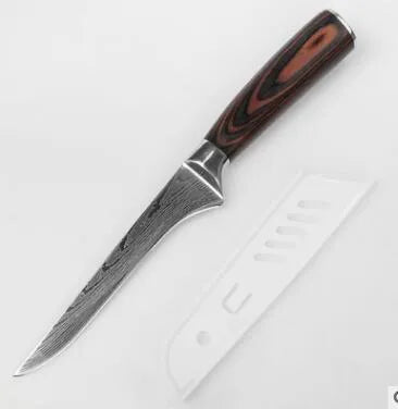 7Cr17 stainless steel kitchen knife with Damascus patterned 18 cm blade and coloured wood handle