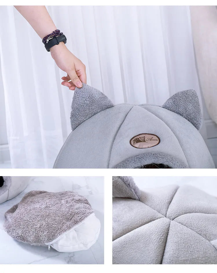 Semi-enclosed warm and fluffy pet nest in plush fabric with raised rim, available in M L and XL sizes for dogs and cats