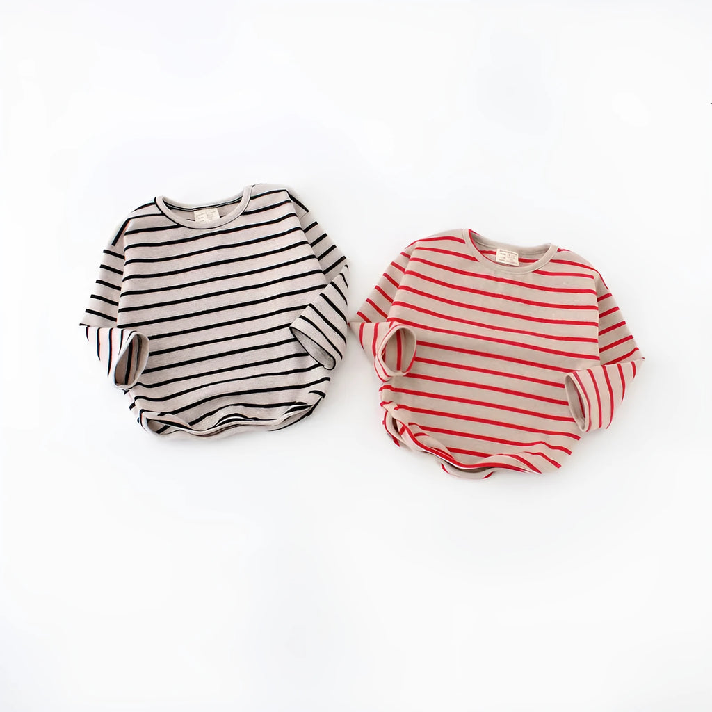 Red and white striped long sleeve cotton t-shirt for a baby girl on a hanger