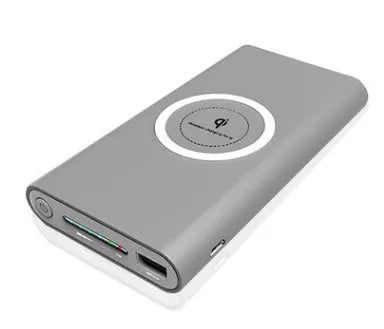 Three in one wireless power bank 10000mAh with USB cable and Qi wireless charging, ABS plastic, Black Gray White