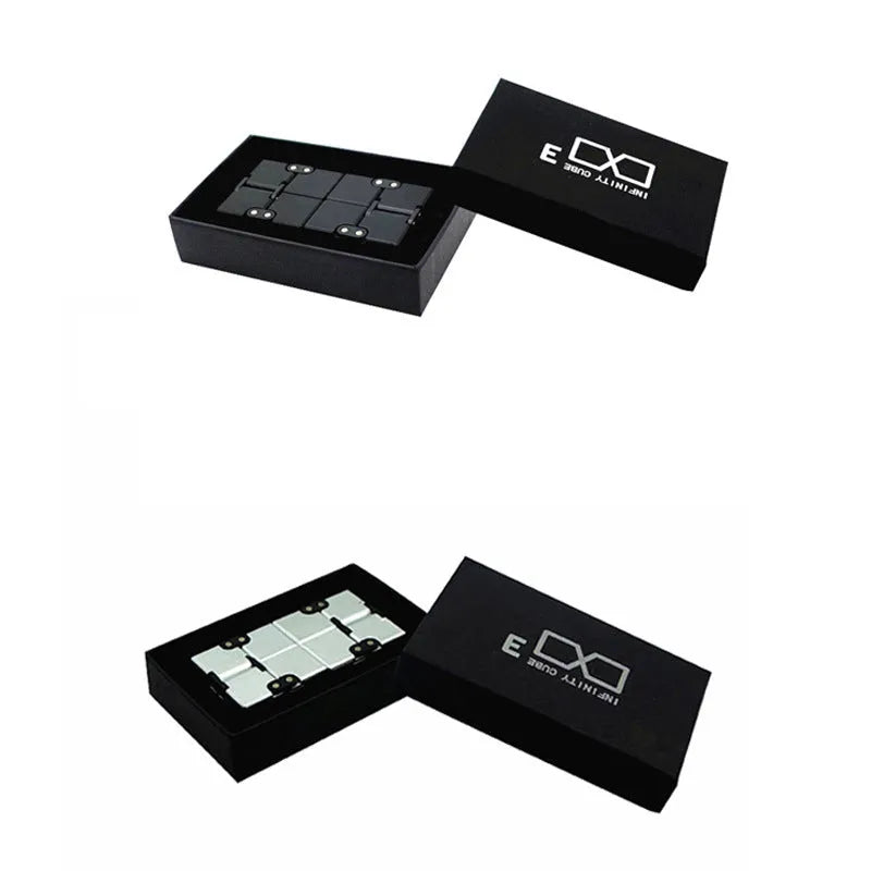 Zinc alloy infinity cube fidget toy in black or silver, showing rotating cubes on a 4cm scale.