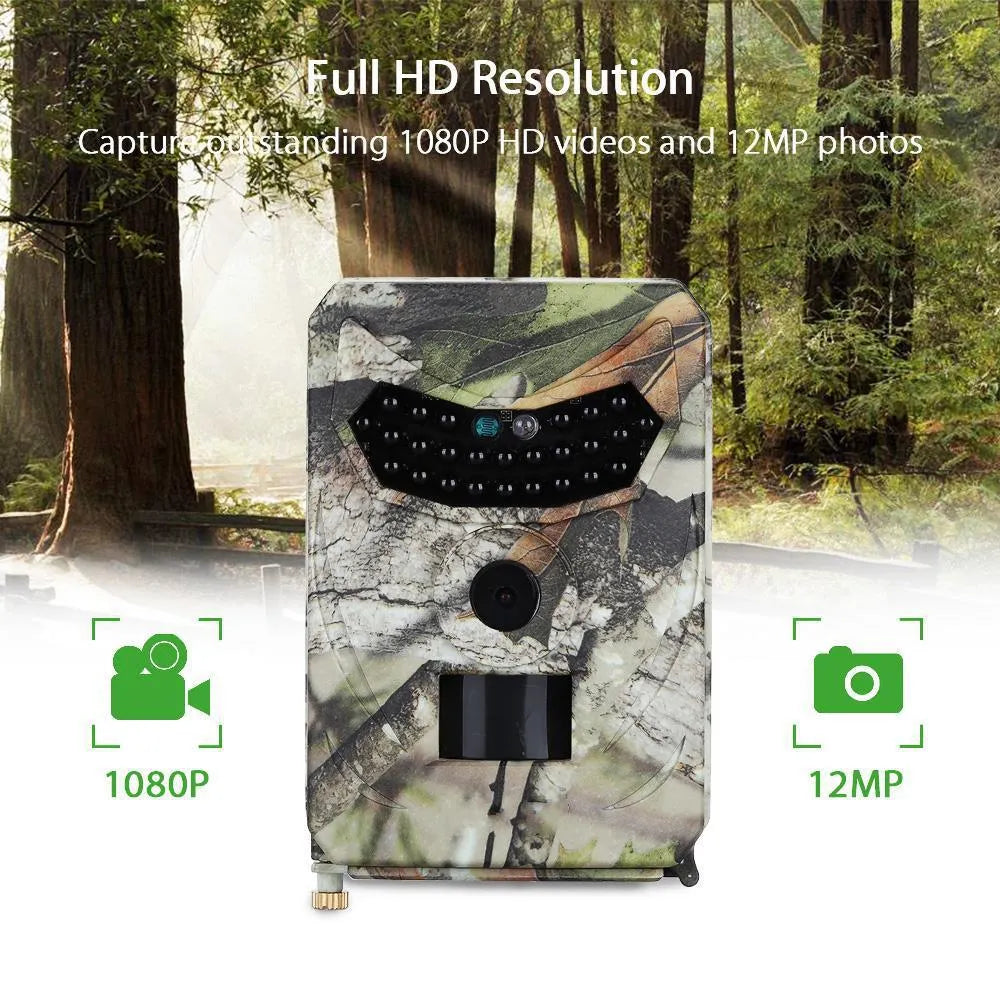 JPEG Trail Wildlife Camera 20MP with camouflage finish, wide-angle lens, and infrared LEDs for outdoor night vision monitoring
