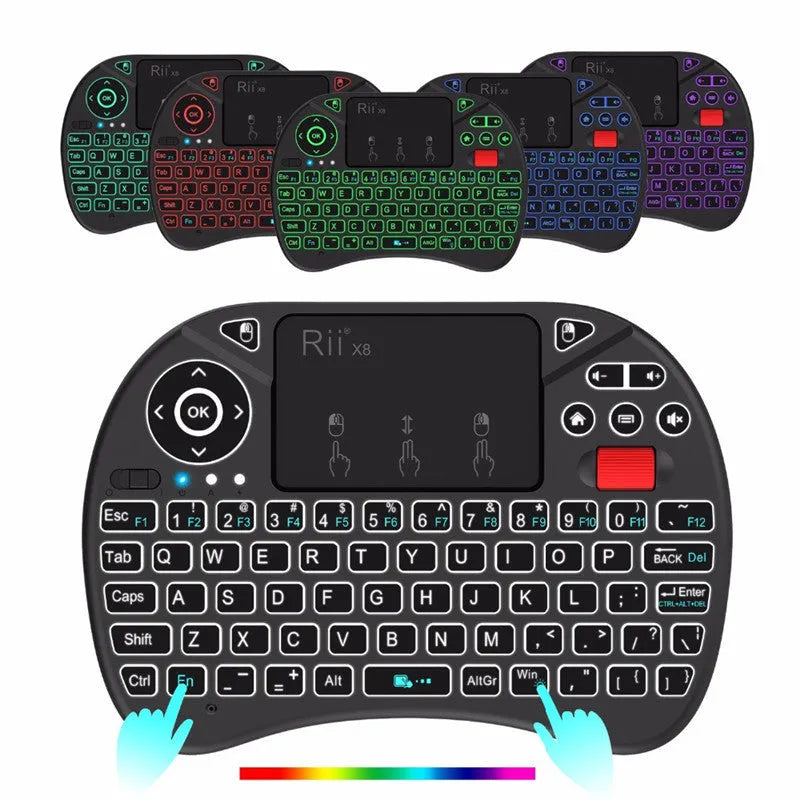 Black i8X wireless keypad with 71-key QWERTY layout, larger touchpad and dual mouse buttons