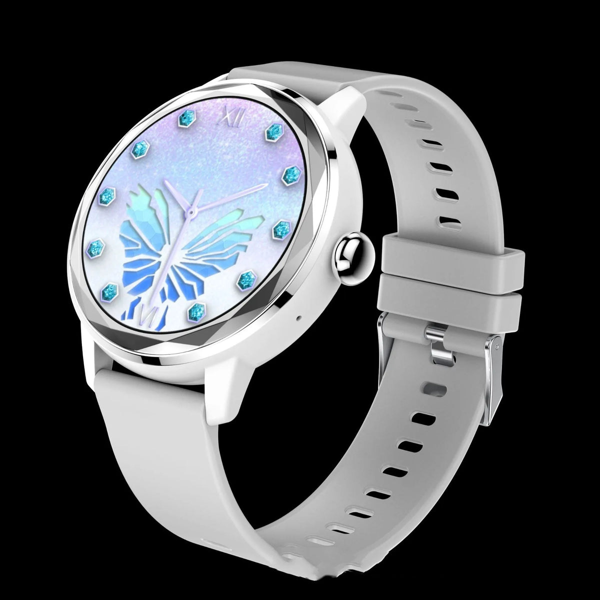Ladies smart watch in rose red showing heart rate and blood oxygen monitoring on TFT screen