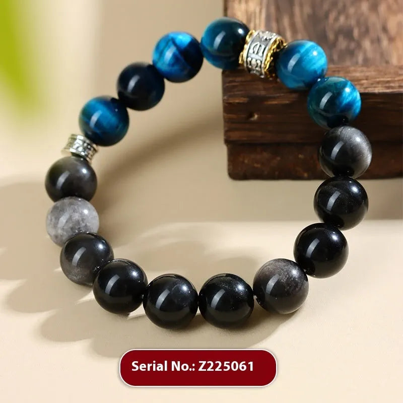 Handmade geometric bracelet with peacock blue Tigereye stone beads in ethnic style