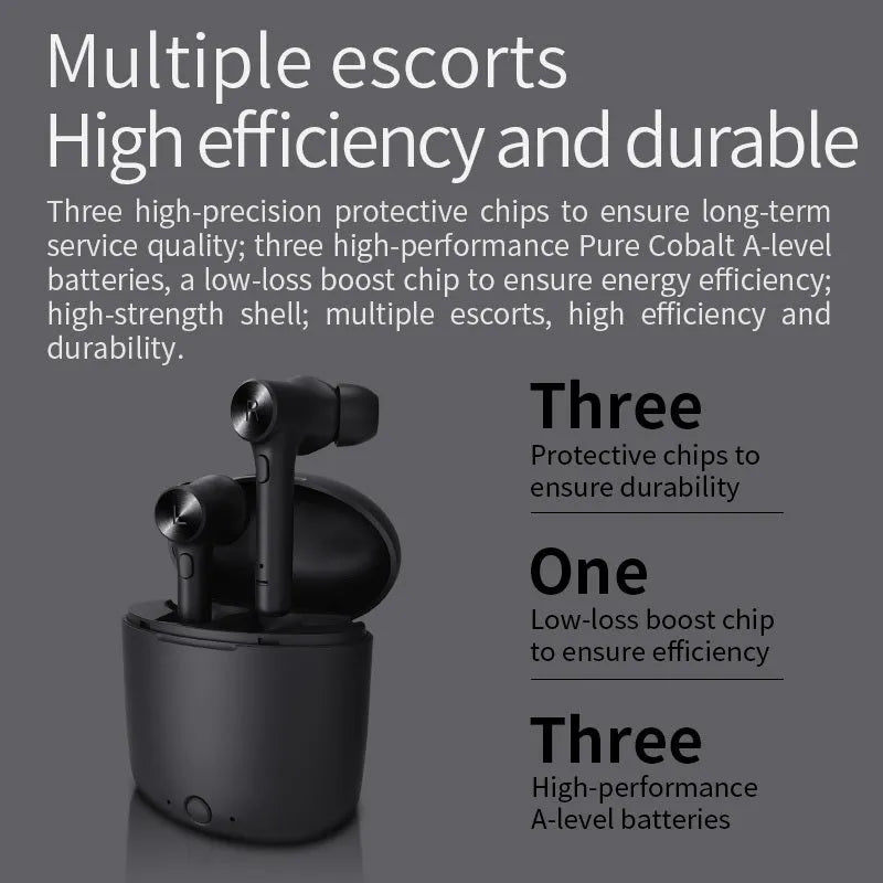 Black true wireless stereo Bluetooth headset earbuds on a white background.