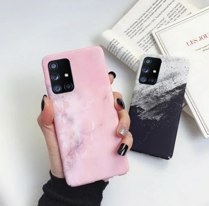 Frosted marble PC phone case for Samsung Galaxy showing marble pattern and precise cutouts