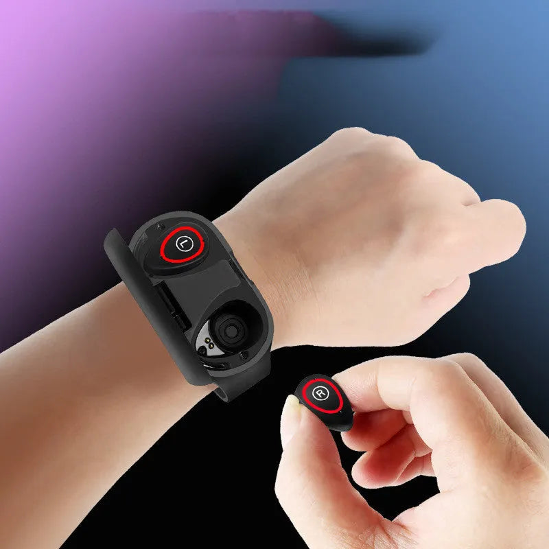 Smart bracelet earphone combo in silicone with 1-inch screen, shown in black, blue, and red colour options.