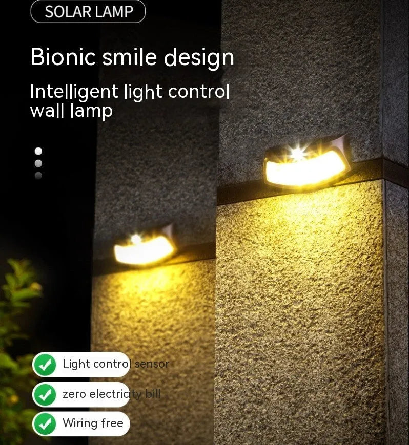 Solar-powered smiling face wall lamp for outdoor garden and courtyard lighting