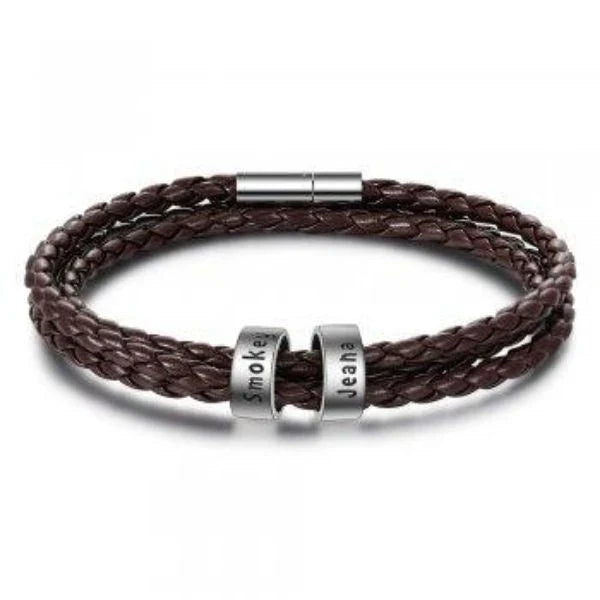 Personalized leather bracelet with engraved name charm for men, featuring a braided design and stainless steel beads