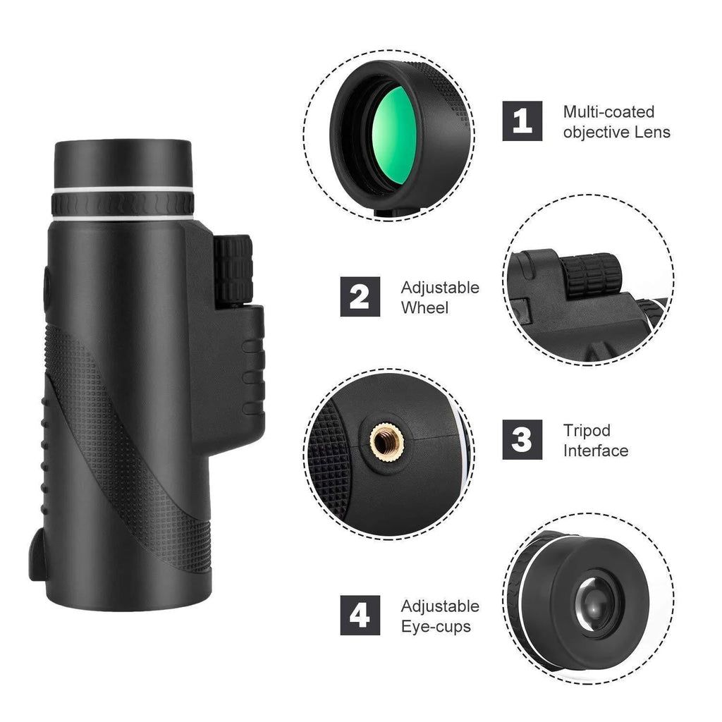 Black HD 40x60 monocular telescope with smartphone mount shown on a table.