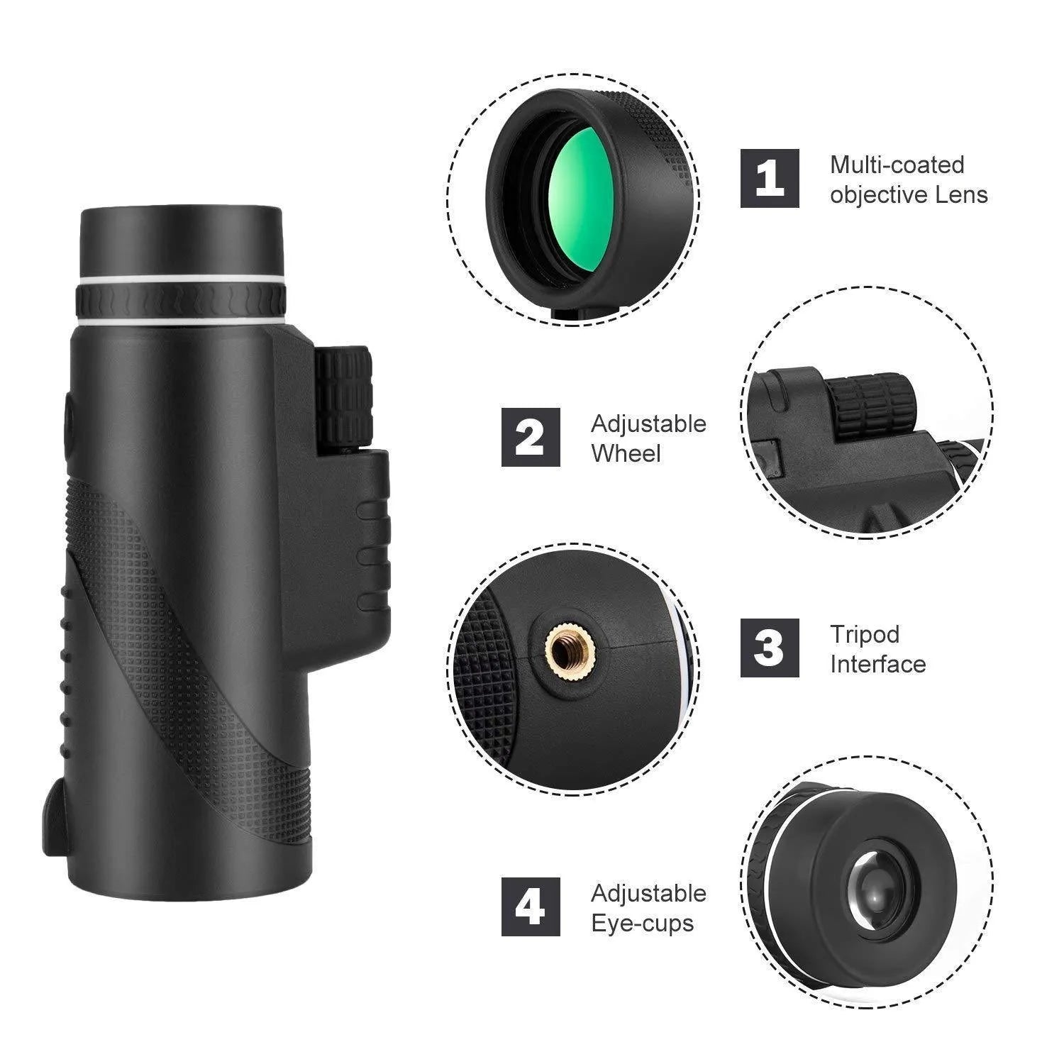 Black HD 40x60 monocular telescope with smartphone mount shown on a table.