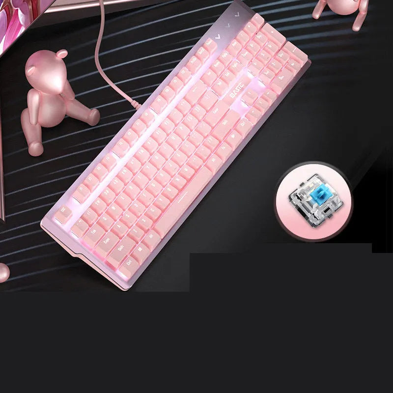 Girly pink mechanical keyboard with 104 keys and USB cable