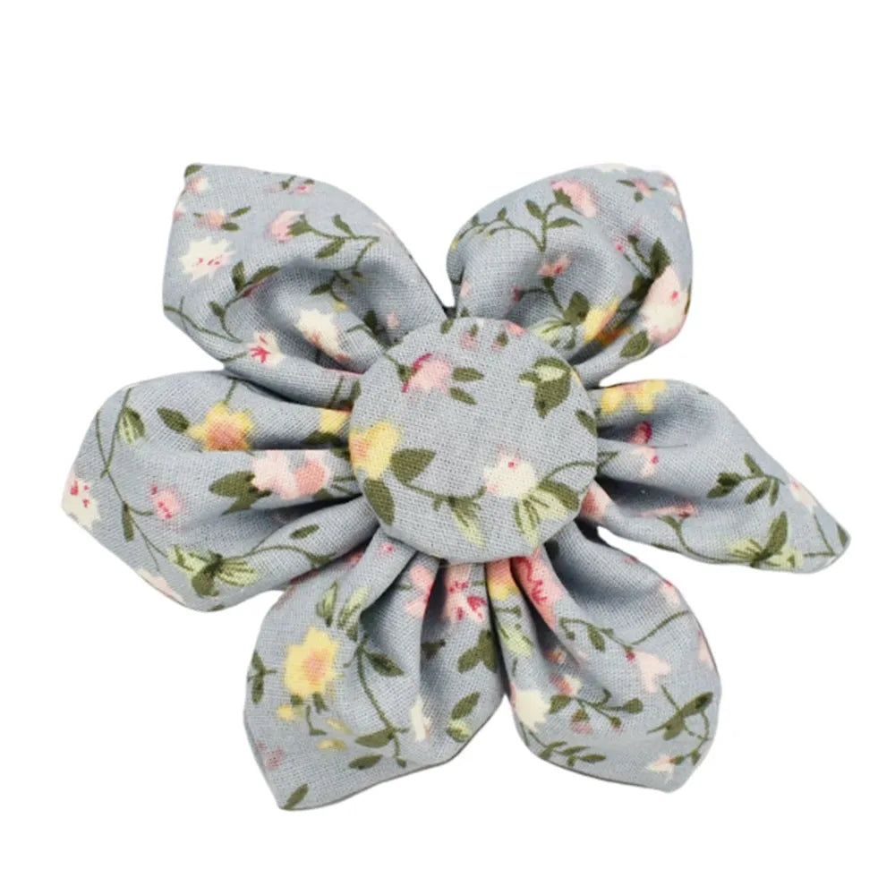 Blue floral polyester cotton dog collar set with matching leash, bow, vest and waste bag holder accessories