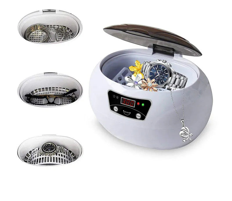 White blue ultrasonic cleaning machine with digital control panel on a countertop, 40KHz household appliance