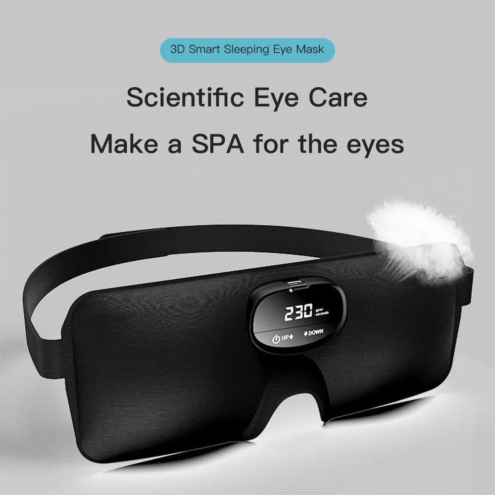 Black sleep aid smart eye mask with EMS massage, polyester and silicone build, rechargeable via USB