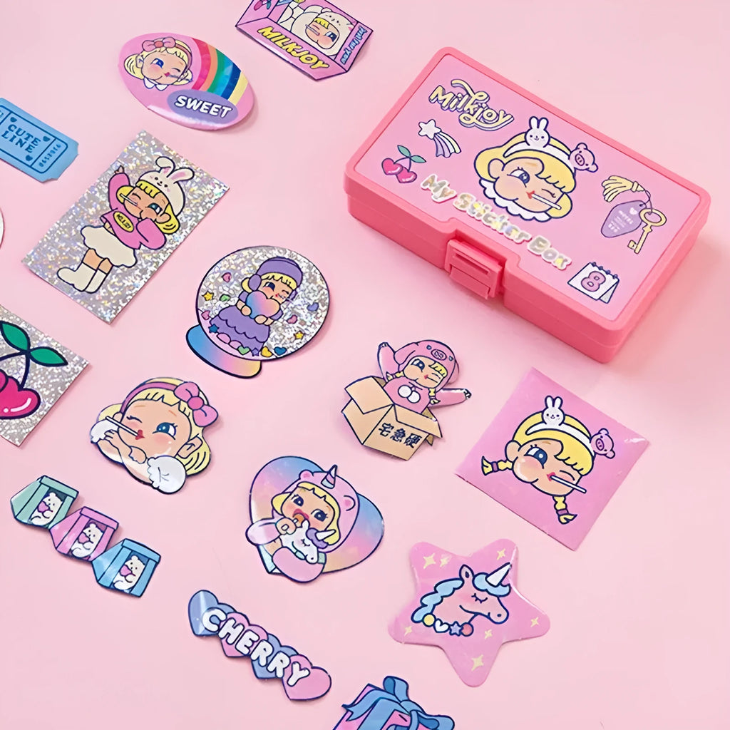 Pack of 16 cute cartoon girl and heart PVC stickers in a square storage box for DIY decoration.