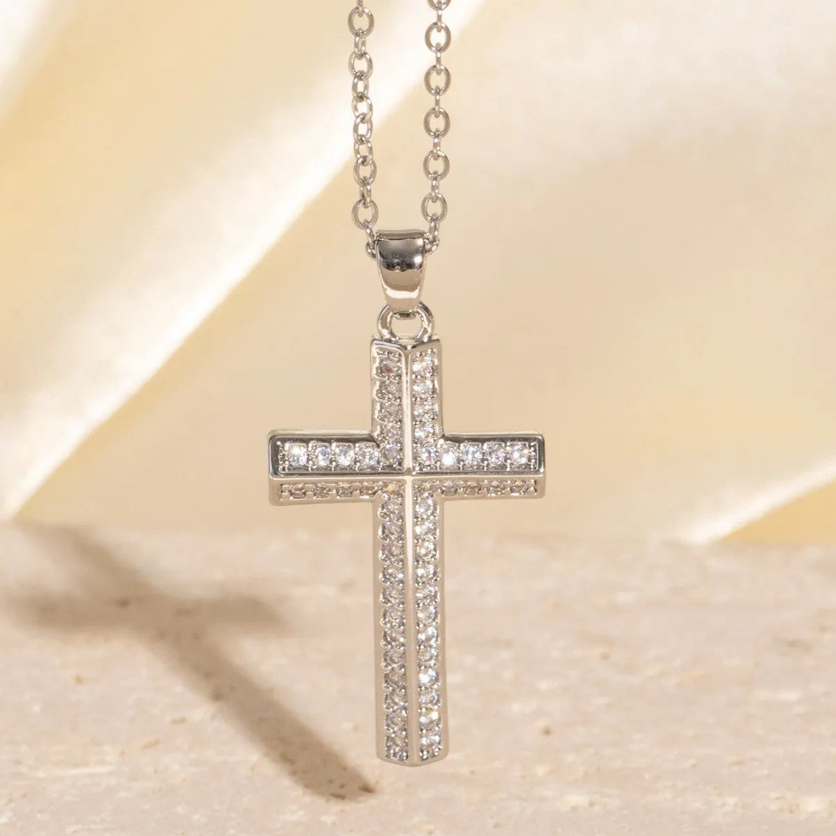 Real gold electroplated cross necklace with micro inlaid zircon on copper pendant and O-ring chain