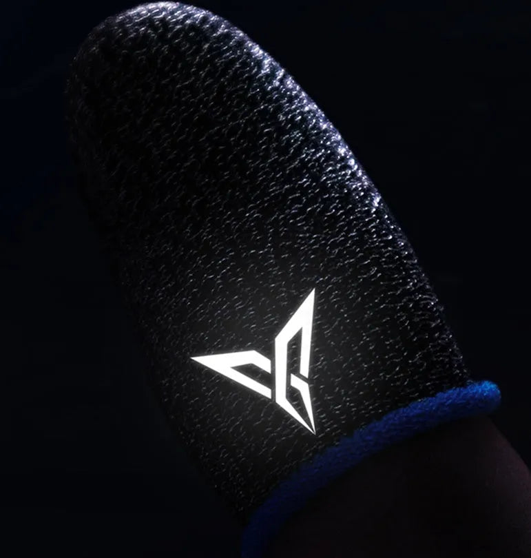 A pair of green gaming thumb sleeves made from silver fibre yarn with a reflective 3M logo.