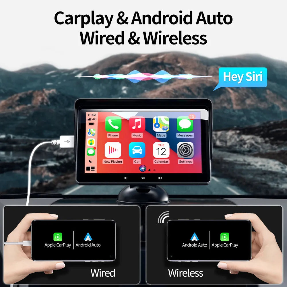 7 inch universal wireless CarPlay display with cigarette lighter power adapter and suction cup mount