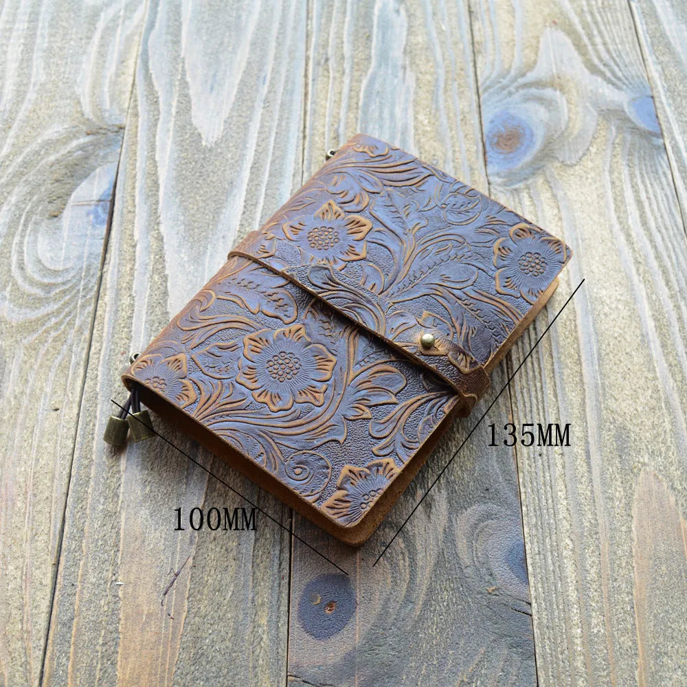 Carved cowhide leather passport holder showing decorative patterns in available colour options