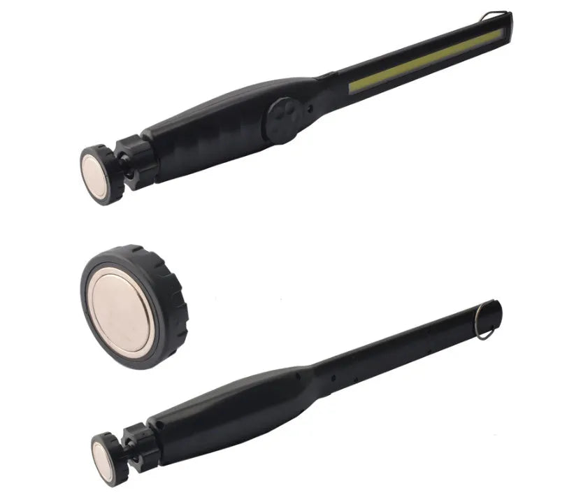 LED work light with 360-degree rotating bracket, 20W, USB rechargeable, ABS plastic, 377x35mm, in Black or Purple.