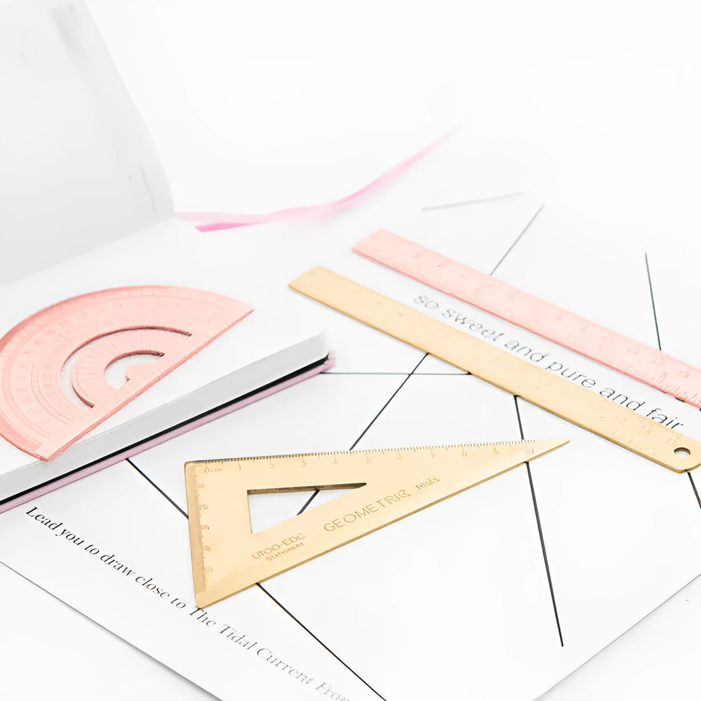 Stainless steel ruler set with protractor, triangle plate, and ruler in transparent pocket