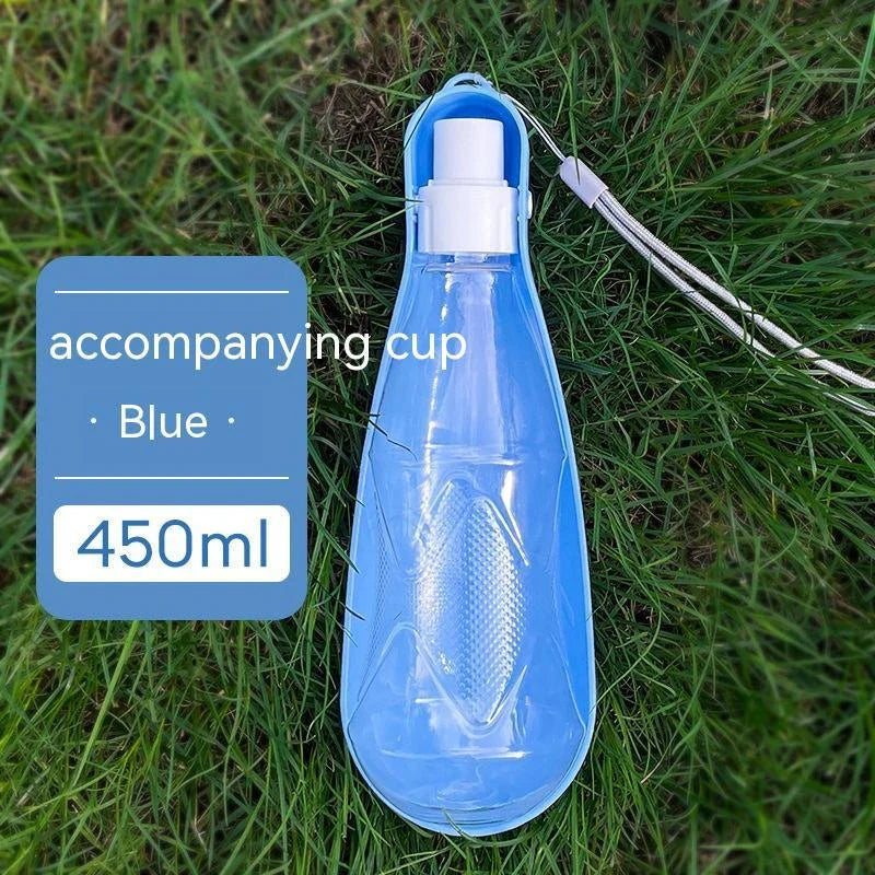 Portable outdoor dog water bottle with large 550ml capacity, available in various colors including lake blue, pink, and gray.