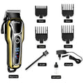 Professional rechargeable hair clipper with lithium battery, 4 guide combs, and UK adapter option on white background