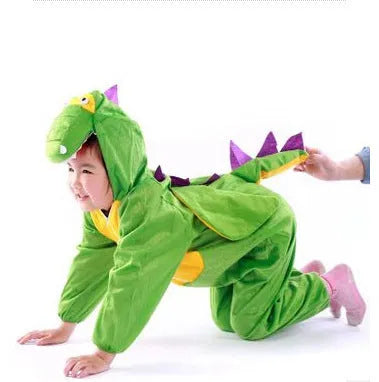 Green dinosaur performance costume for children available in sizes 90cm to 180cm