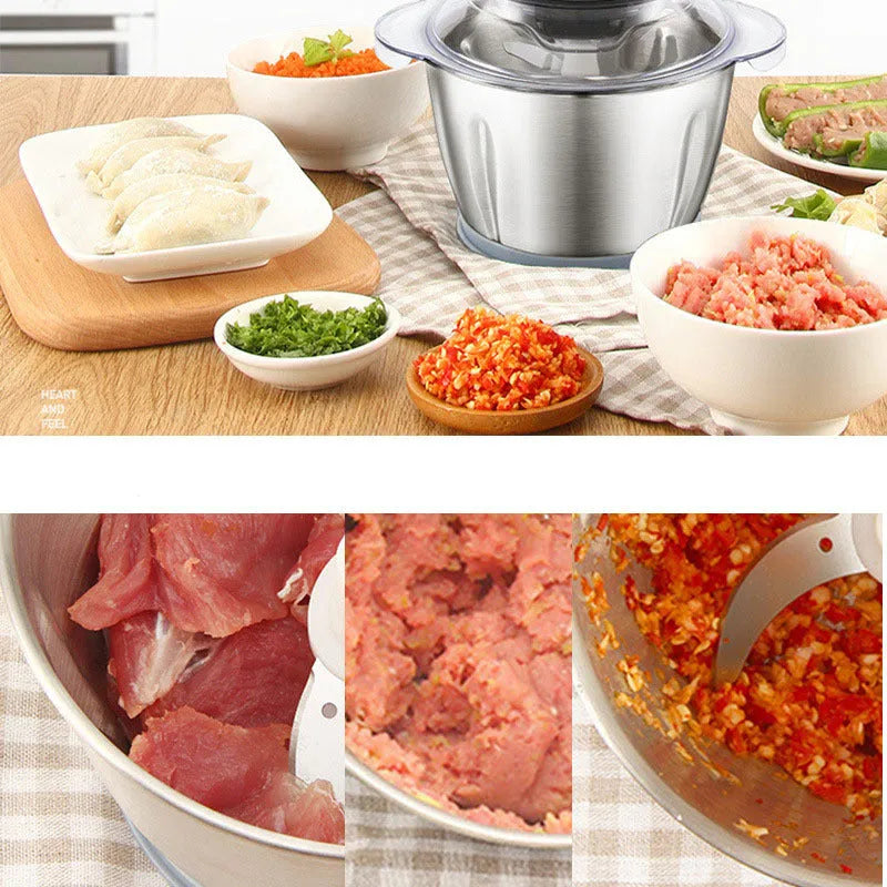 LONG PLUS electric meat grinder and garlic peeler appliance on a kitchen countertop.