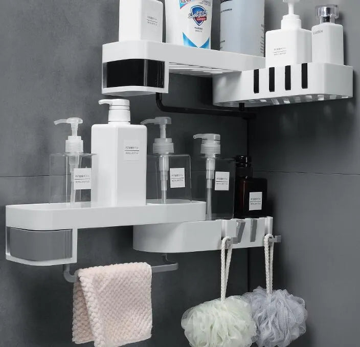 White corner shelf with suction cup mounting for bathroom or kitchen wall storage