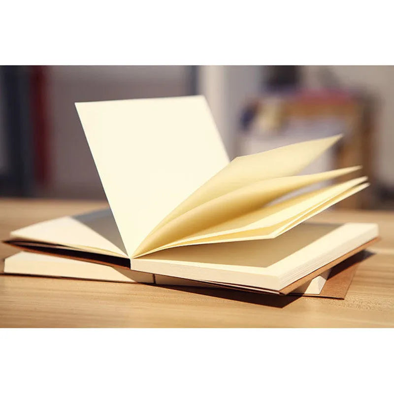 Brown kraft paper sketchbook open to show lay-flat wireless binding and drawing on inner pages.