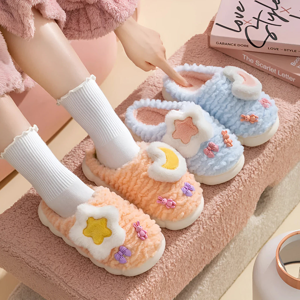 Light blue women's fleece-lined slippers with animal pattern, round toe, and thick sole.