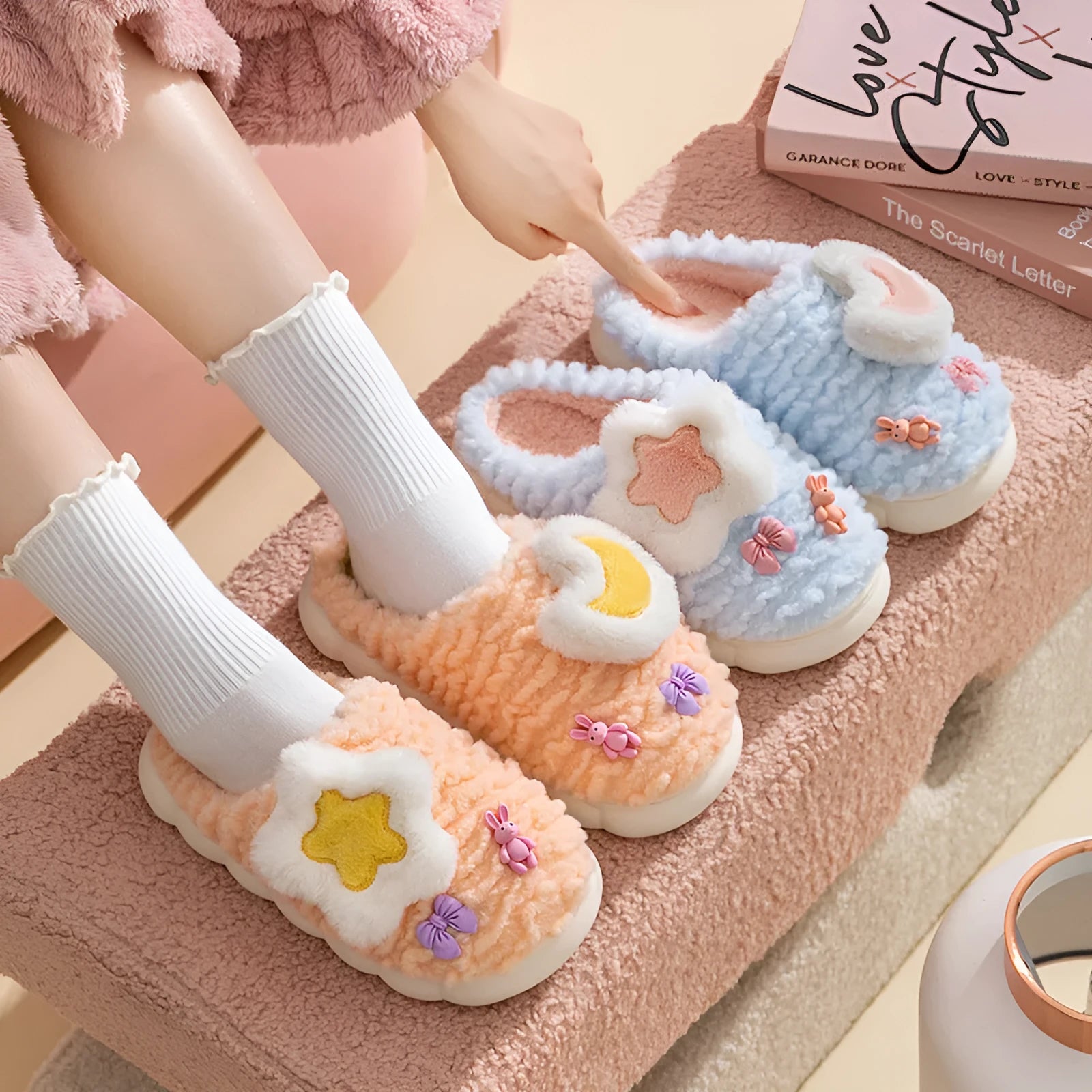Light blue women's fleece-lined slippers with animal pattern, round toe, and thick sole.