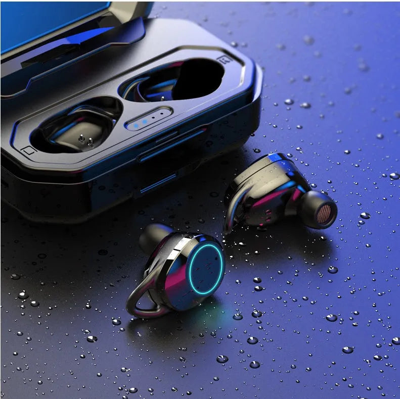 Samload Wireless Headphones 5.0 Bluetooth earbuds in black with ear hooks and charging case