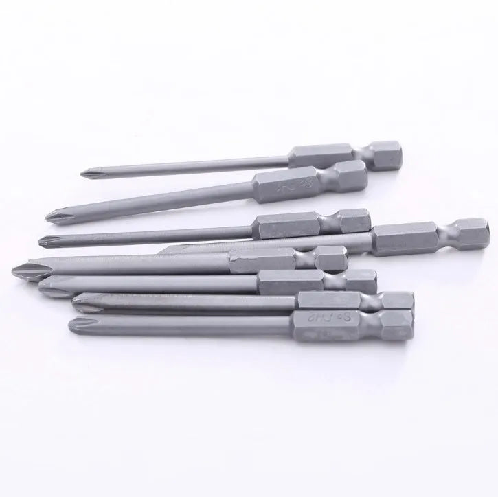 JAPAN SEALS set of eight 75mm long magnetic Phillips head screwdriver bits with hex shanks.