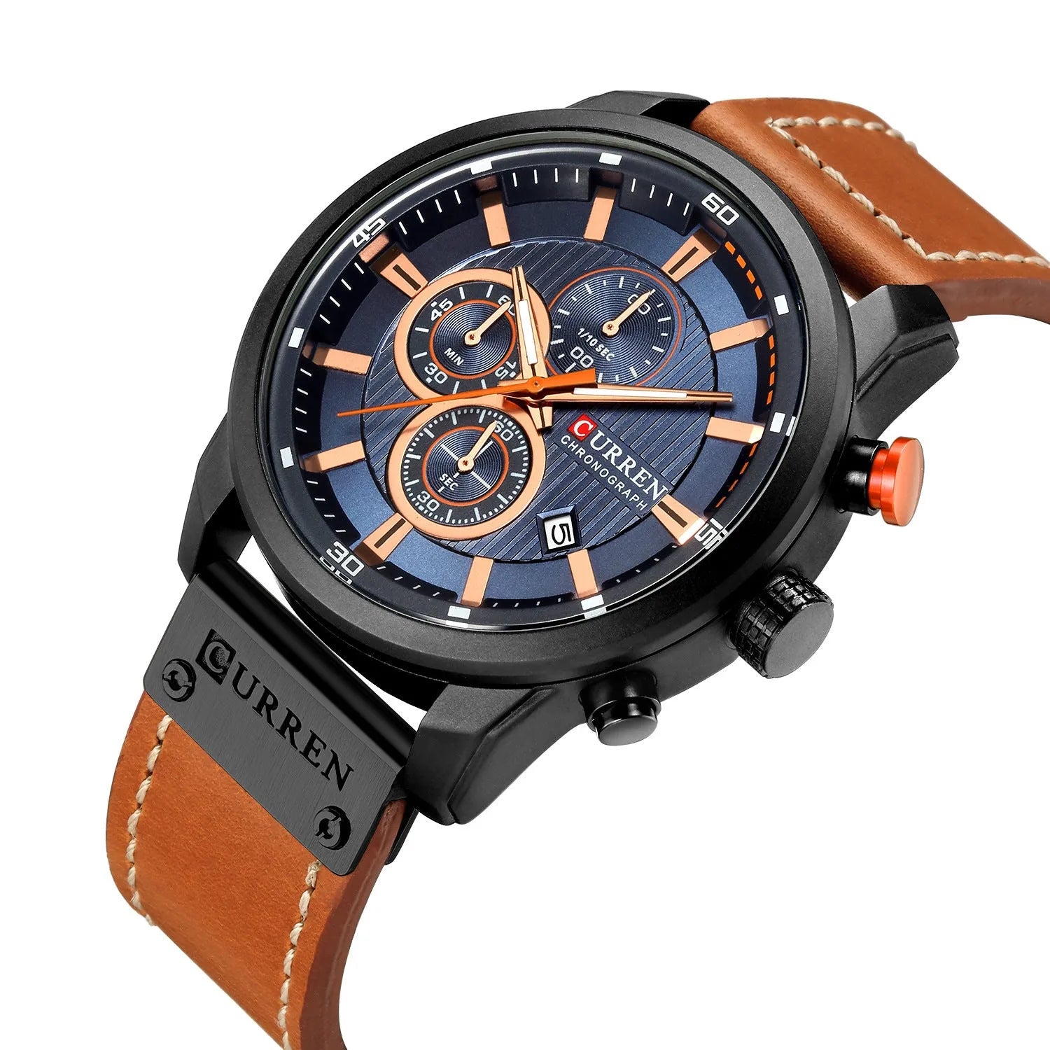 Men's quartz chronograph watch with black dial, leather strap, and titanium pin buckle 47mm waterproof