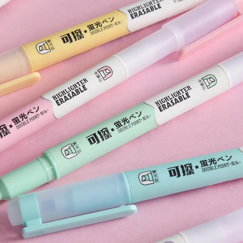 Double-ended fluorescent marker pen set with six bright colours and erasable ink