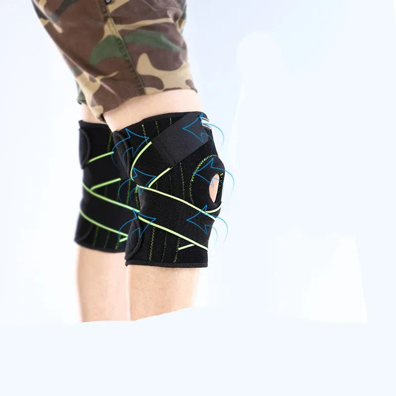 Black outdoor sports compression knee pads with metal spring, SBR pad, and magic buckle, Type A or B