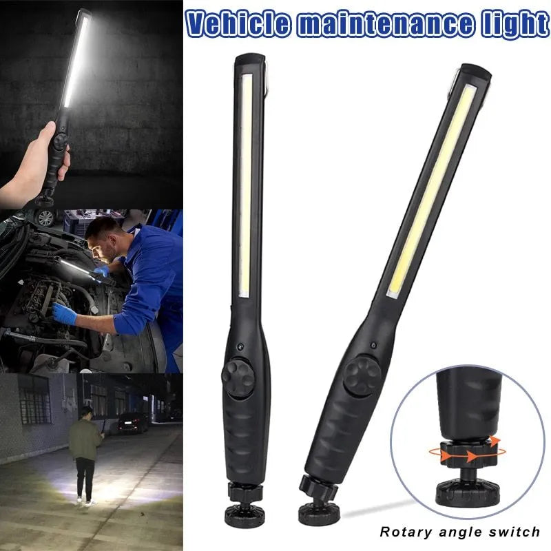 LED work light with 360-degree rotating bracket, 20W, USB rechargeable, ABS plastic, 377x35mm, in Black or Purple.