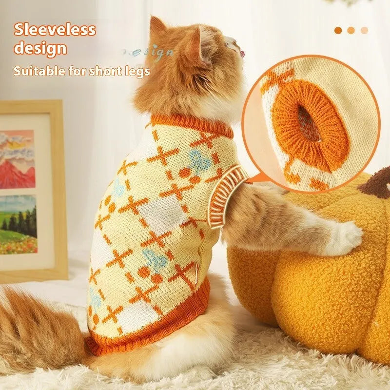 Orange cat sweater for autumn and winter wear, shown on a cat, with sizing options from S to XL.