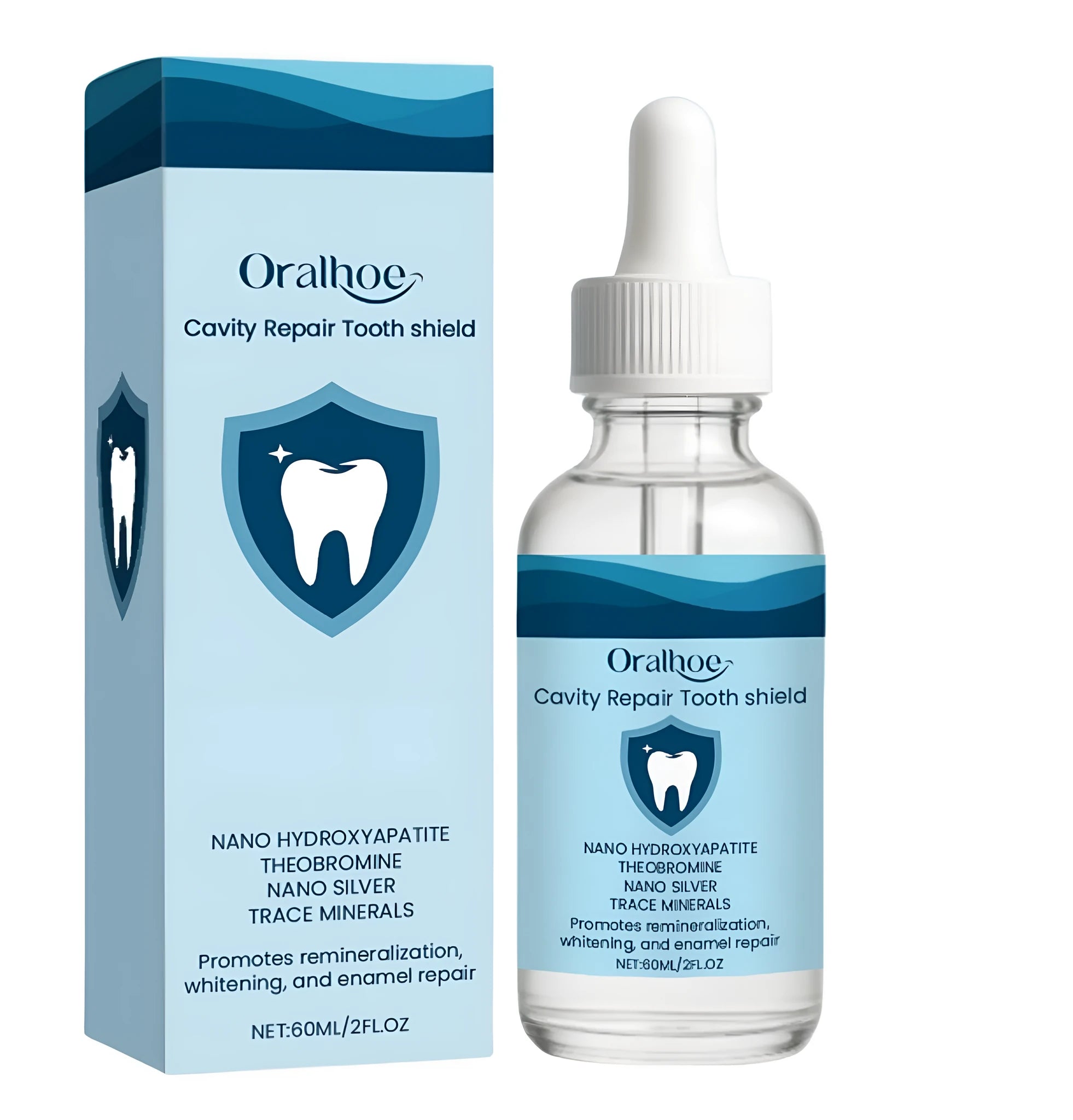 60ml bottle of dental restorative fluid with hydroxyapatite and theobromine oral rinse solution.