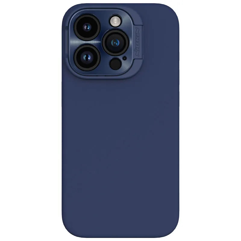 Magnetic liquid silicone phone case with invisible bracket in black, blue, green, or dark purple for iPhone models.