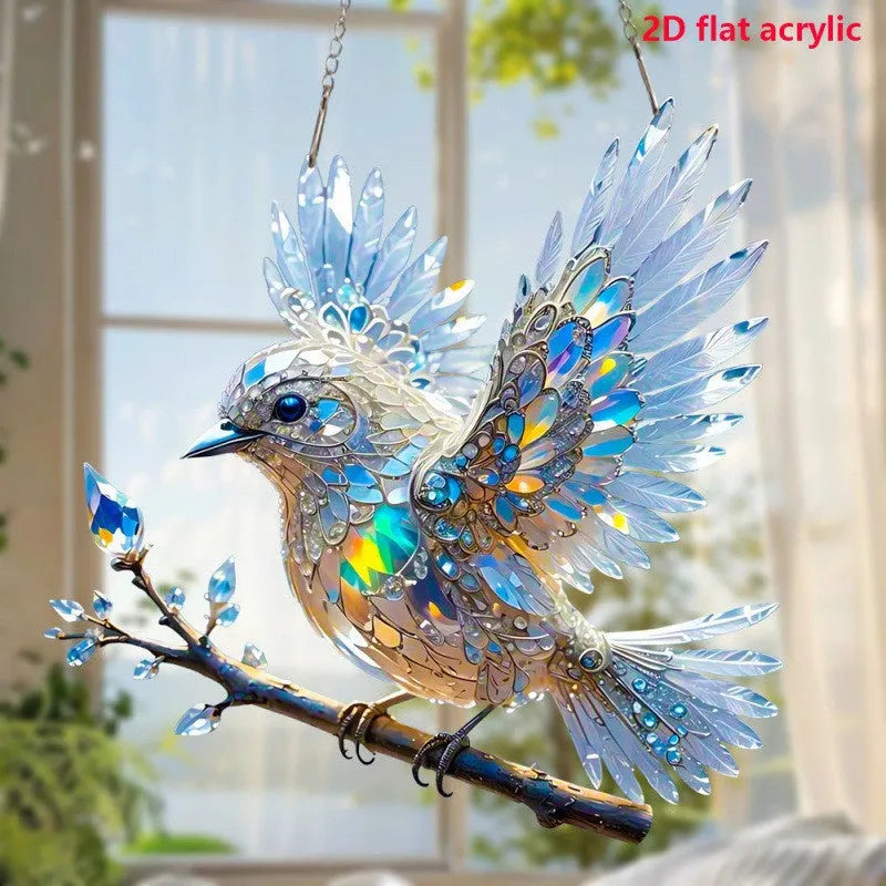Cartoon bird acrylic pendant decoration with UV printed colourful graphics on reinforced cardboard backing