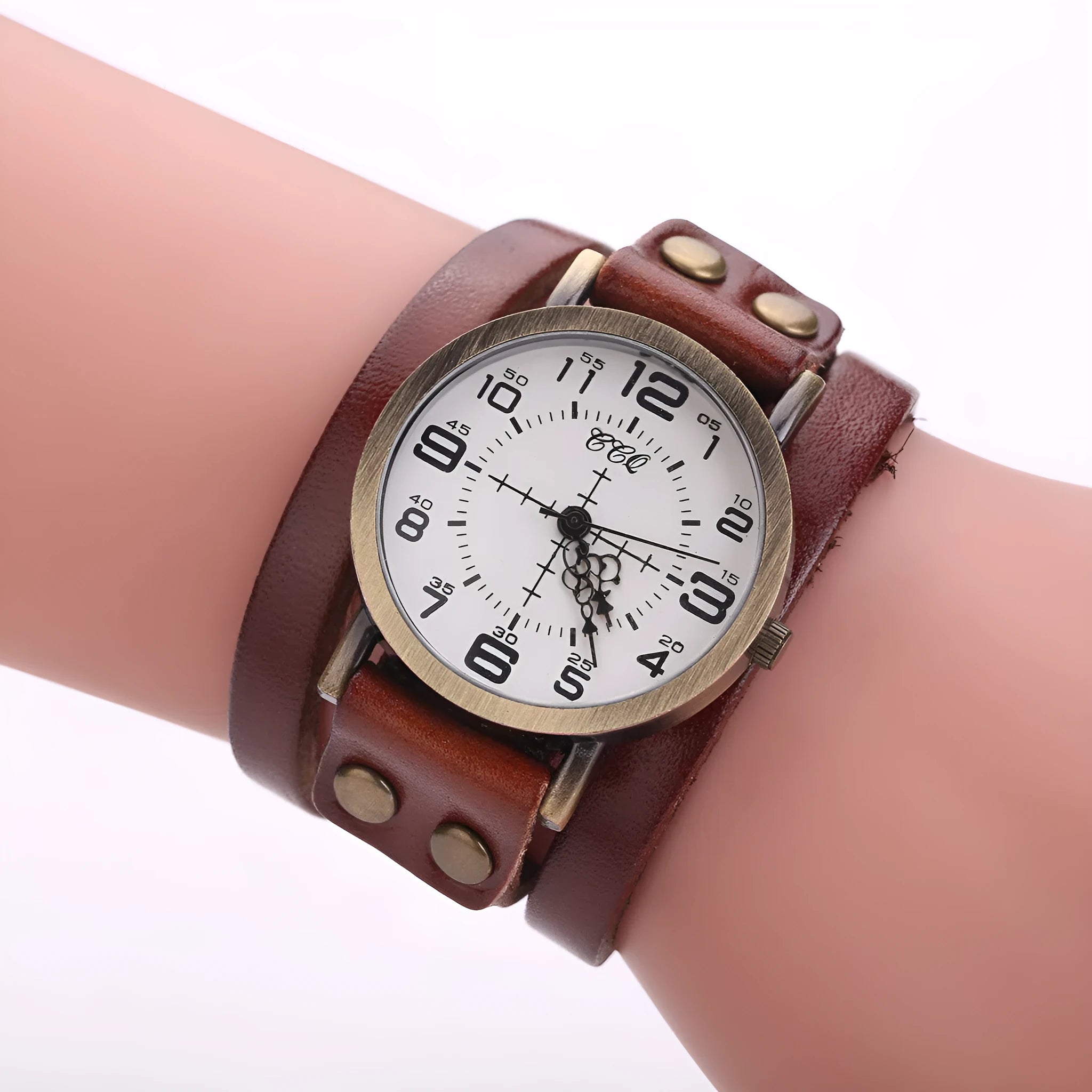 CCQ vintage leather bracelet watch women 35mm alloy case quartz movement adjustable band multicolour