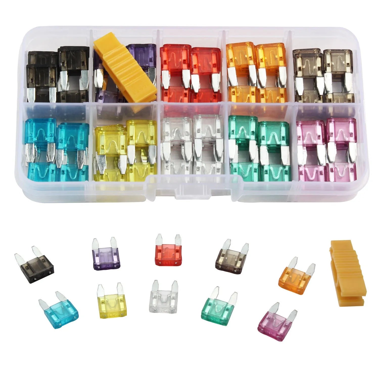 120 small car fuses in assorted colours, blade-style insert type for 24V automotive use